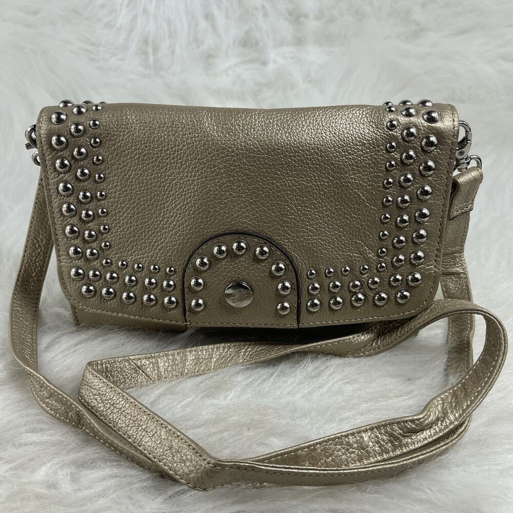GRACE ADELE Gold Leather Clutch With Leather Flower Crossbody Style